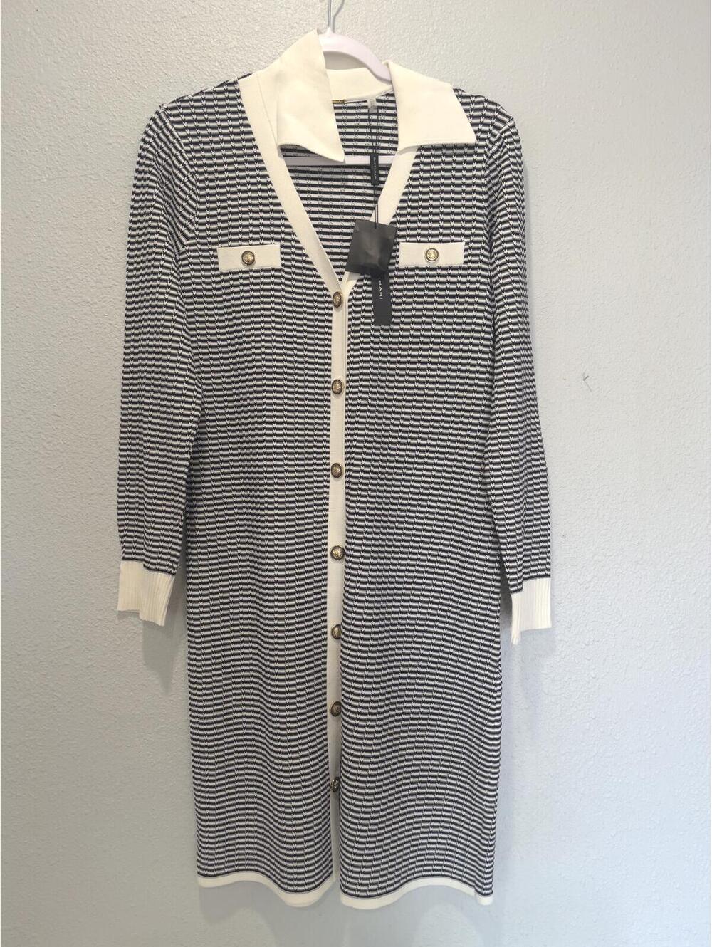 Elie Tahari Black and White Long Sleeve Knit Dress Coat